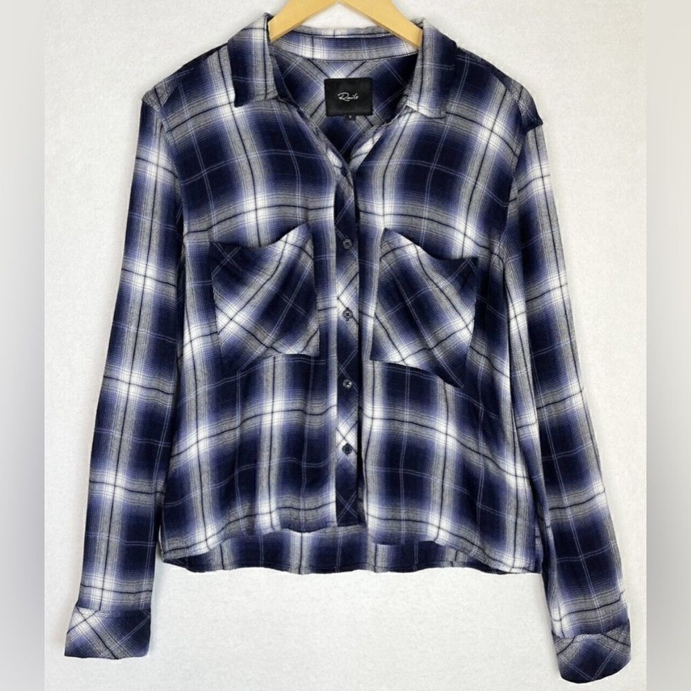 💙 Rails Dylan Oxford Navy Blue White Plaid Button Long Sleeve Crop Flannel…